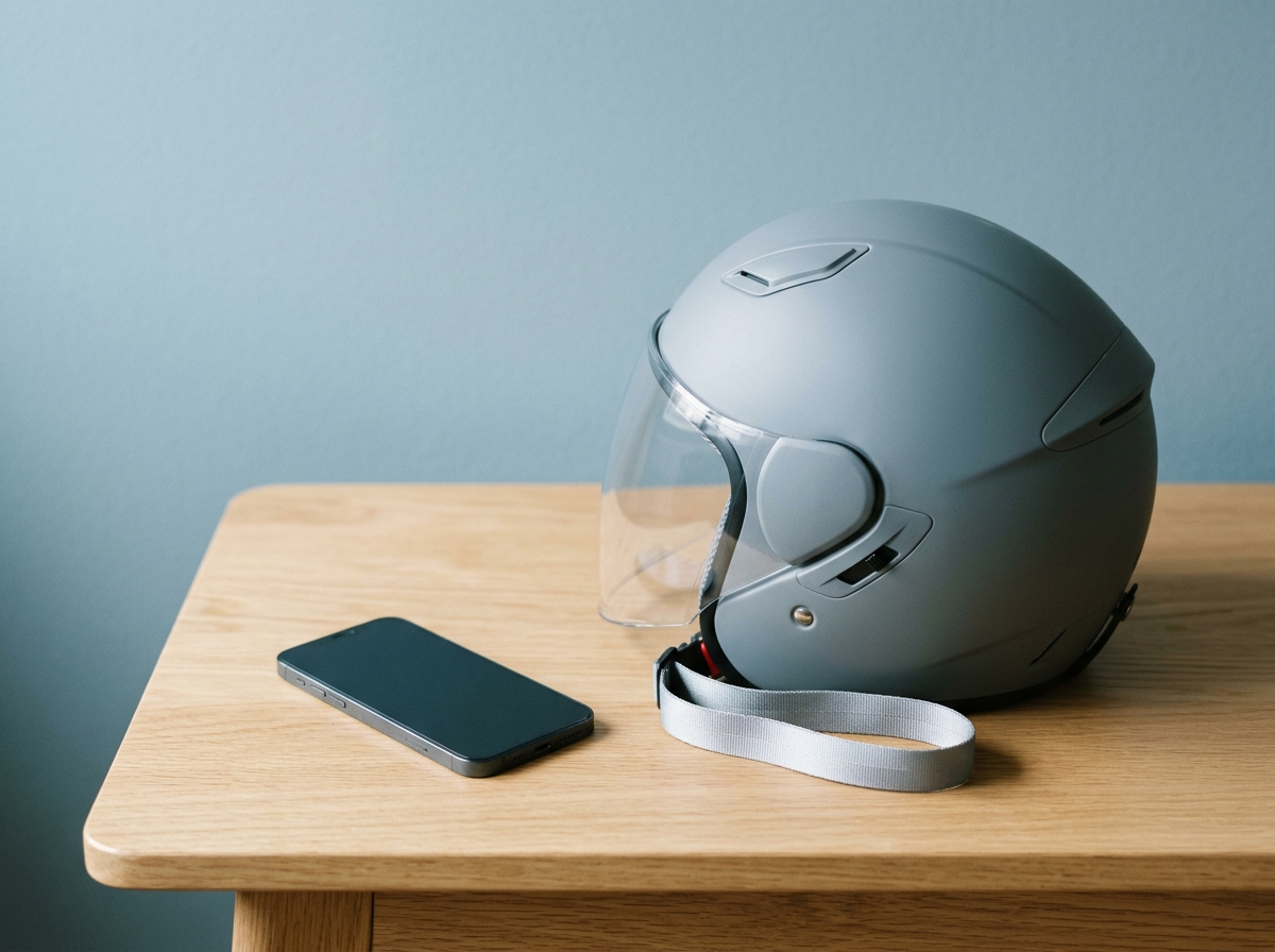 A modern smartphone and a scooter motorcycle helmet resting on a clean wooden table representing hygiene triggers for lower cheek acne.