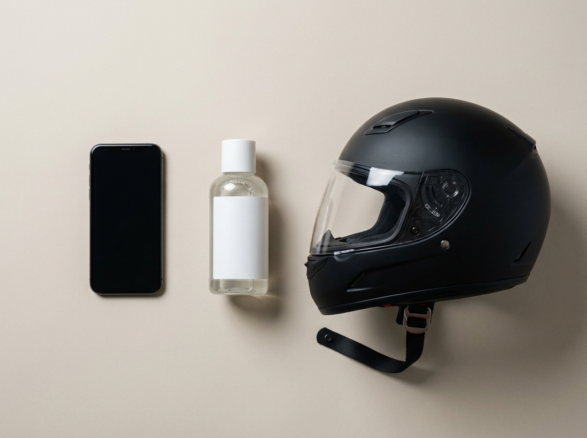 Motorcycle helmet, salicylic acid bottle and phone resting on a table showing criteria variables for physical friction triggers.