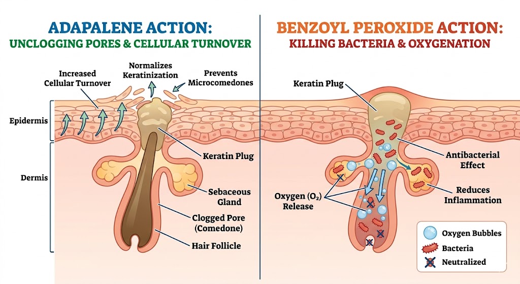 How adapalene gel with benzoyl peroxide works to clear clogged pores and kill acne bacteria.