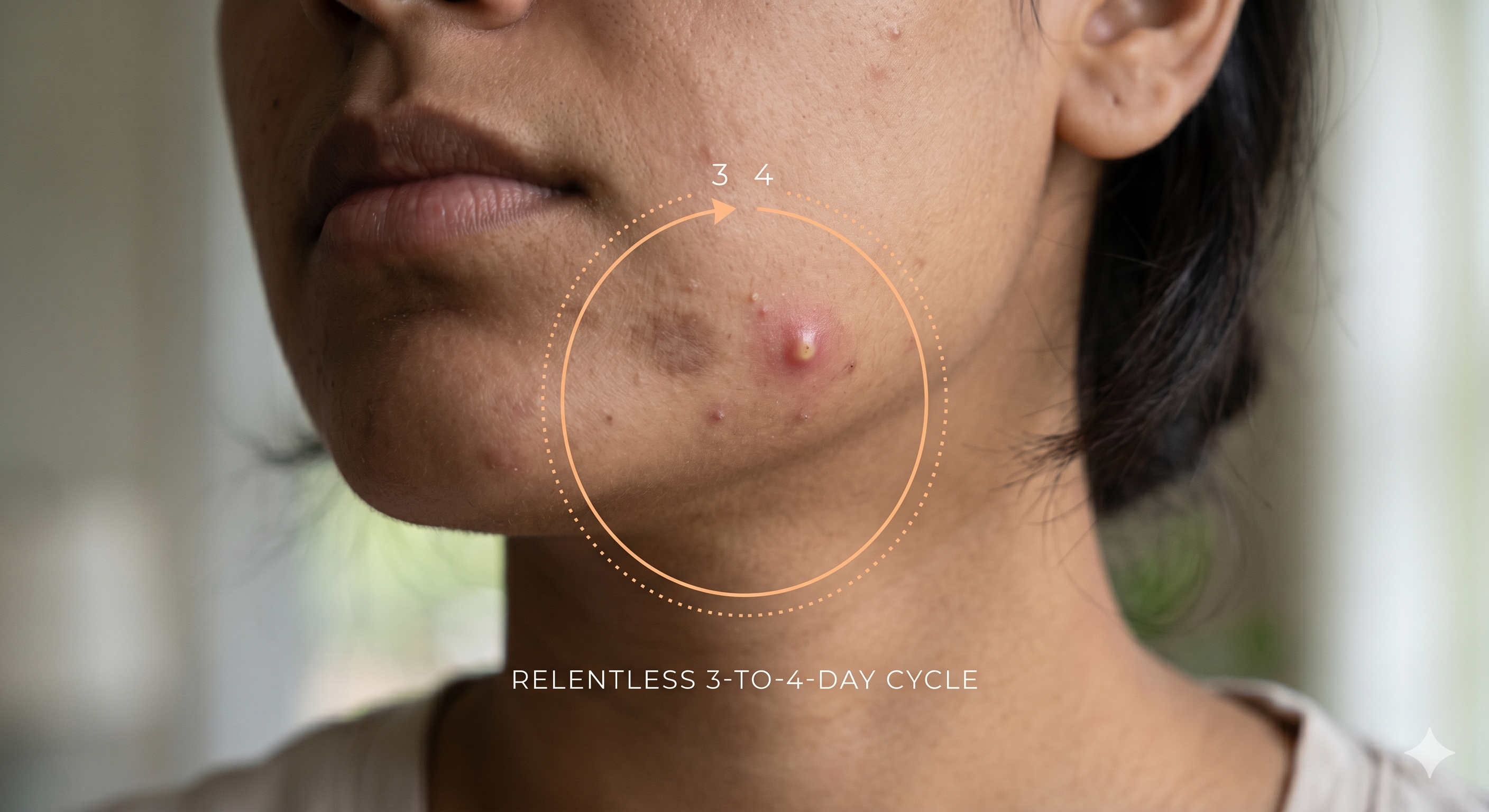 Fading dark mark and new active pimple on Indian jawline illustrating the continuous lower-face breakout cycle.