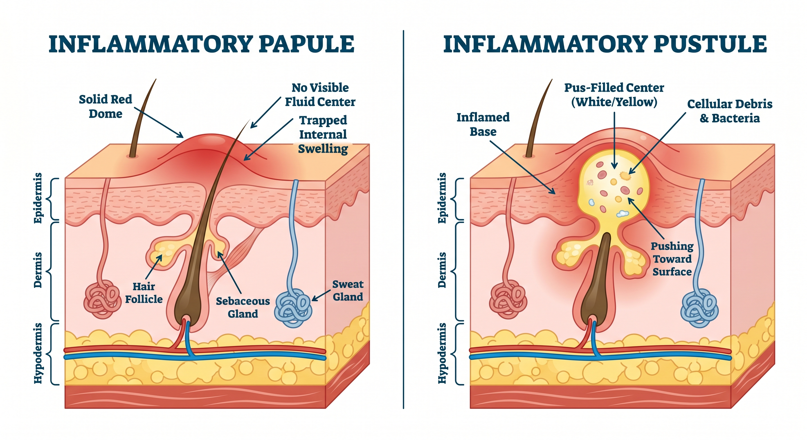 Side-by-side medical vector illustration showing cross-sections of inflammatory papule and pustule