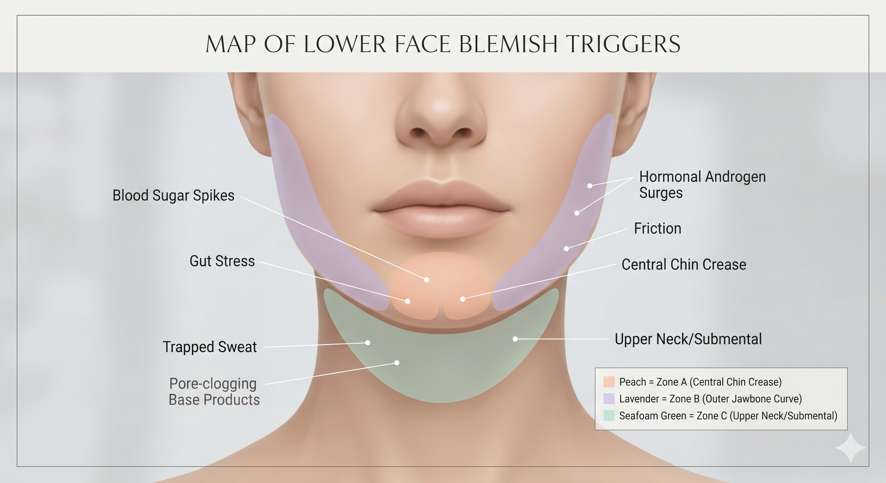 Chin and jawline acne face map showing root causes of breakouts in central chin crease, jawbone curve, and upper neck.