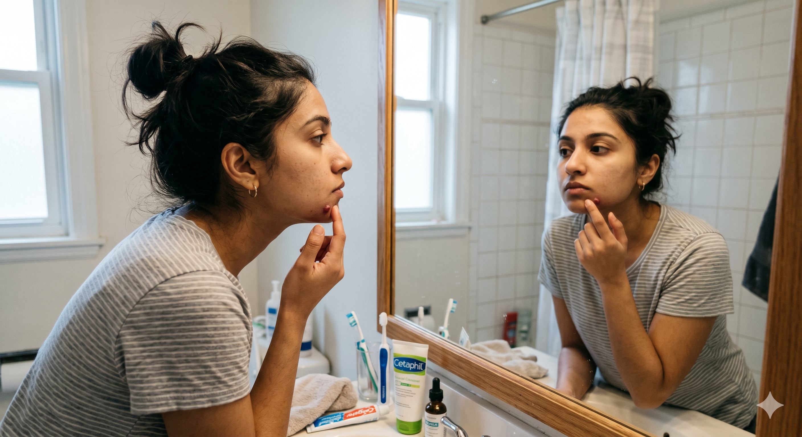 Young adult examining a distinct, deep blemish on their chin in the morning mirror