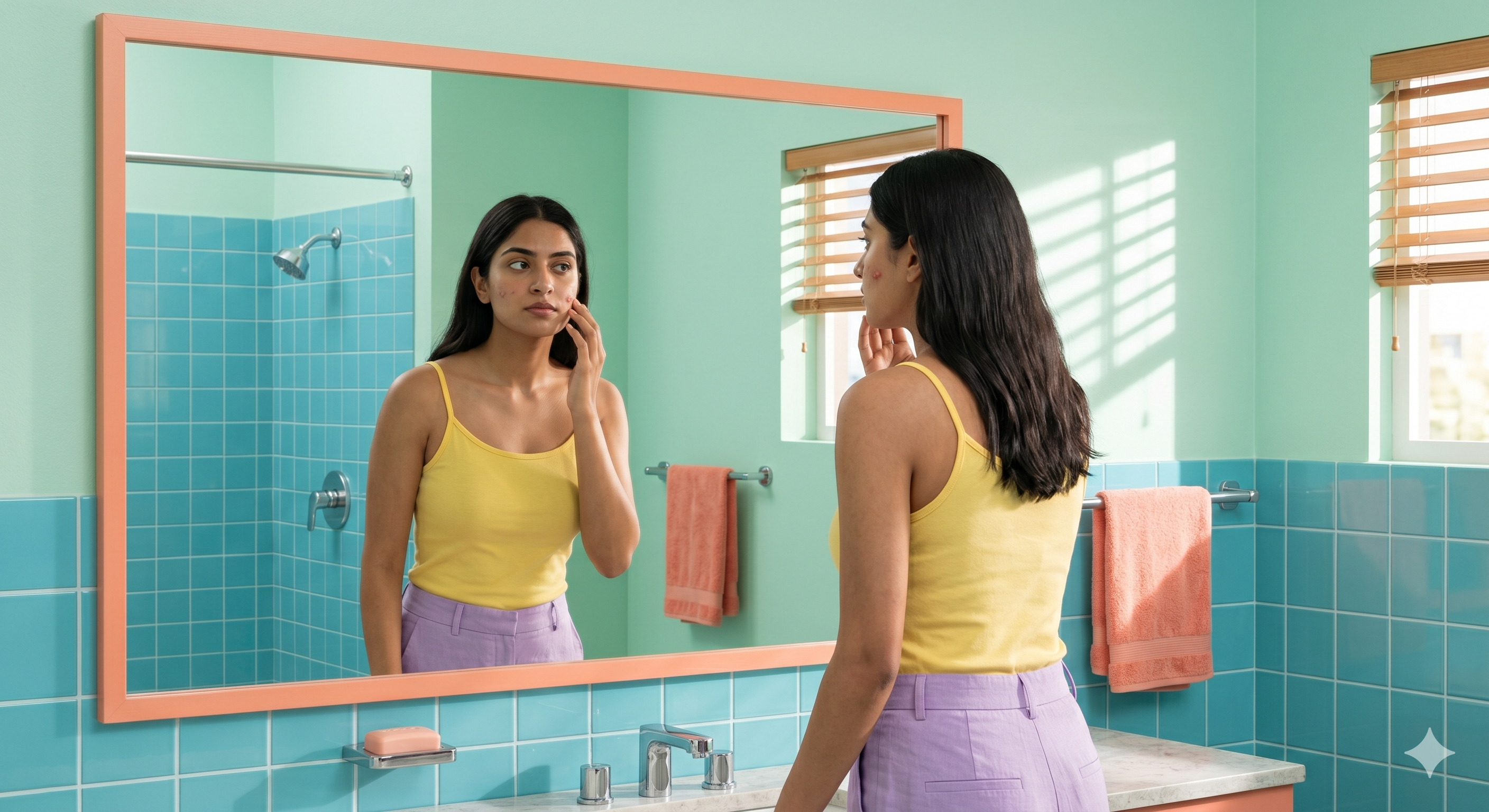 Young Indian adult looking closely into a bathroom mirror examining a red blemish on their cheek
