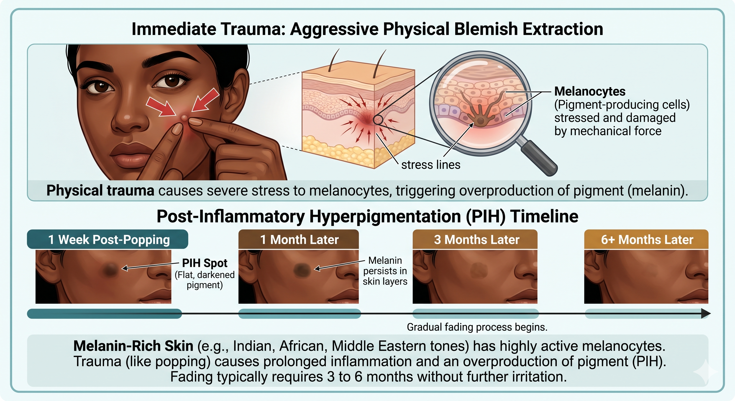 Clinical diagram showing how squeezing pimples damages melanocytes causing hyperpigmentation on Indian skin tones