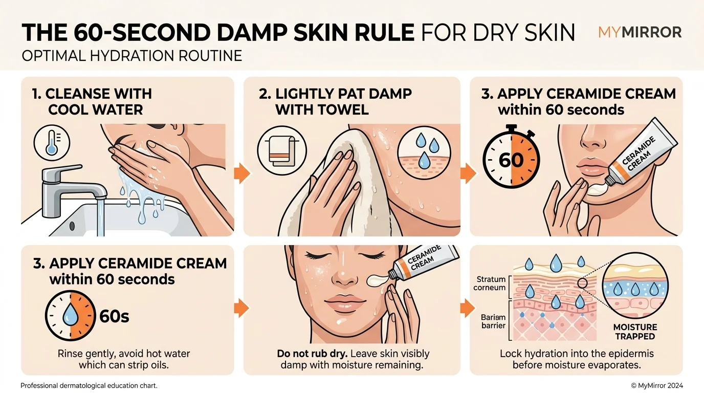 Step-by-step 3-stage diagram illustrating the 60-second damp skin application rule