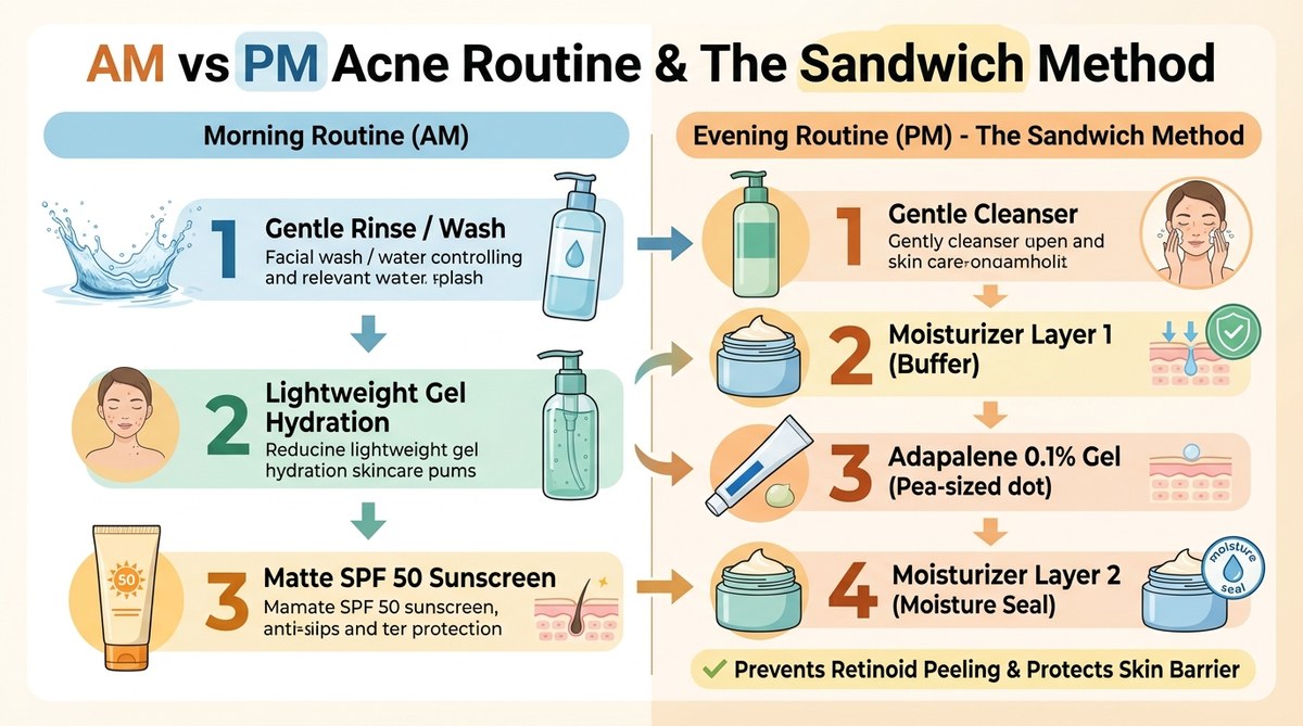 AM vs PM Acne Routine and The Sandwich Method Flowchart