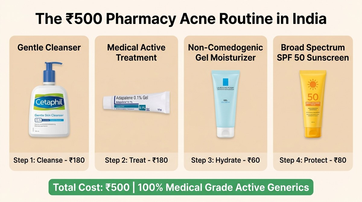The ₹500 Pharmacy Acne Routine in India Infographic showing Cleanser, Adapalene, Moisturizer, and Sunscreen