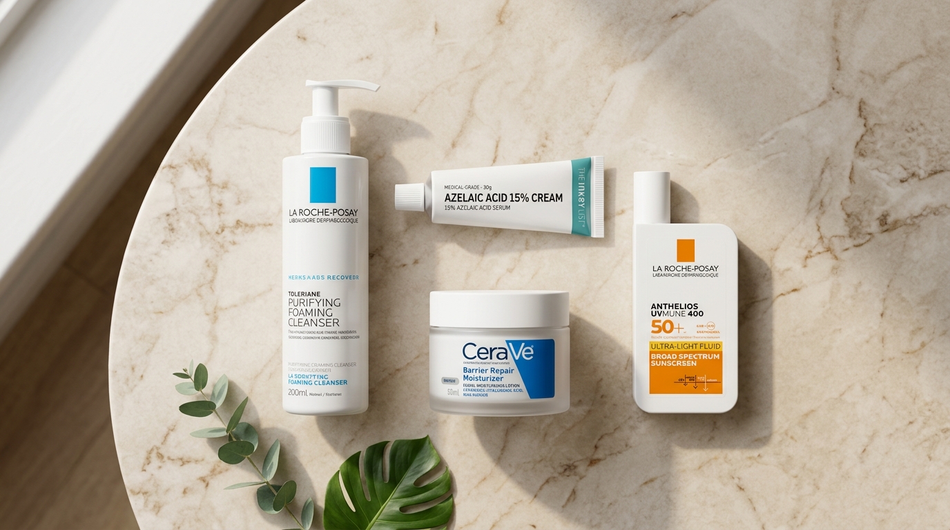 Dermatologist recommended skincare routine flatlay showing gentle cleanser, azelaic acid cream, ceramide barrier moisturizer, and broad spectrum sunscreen