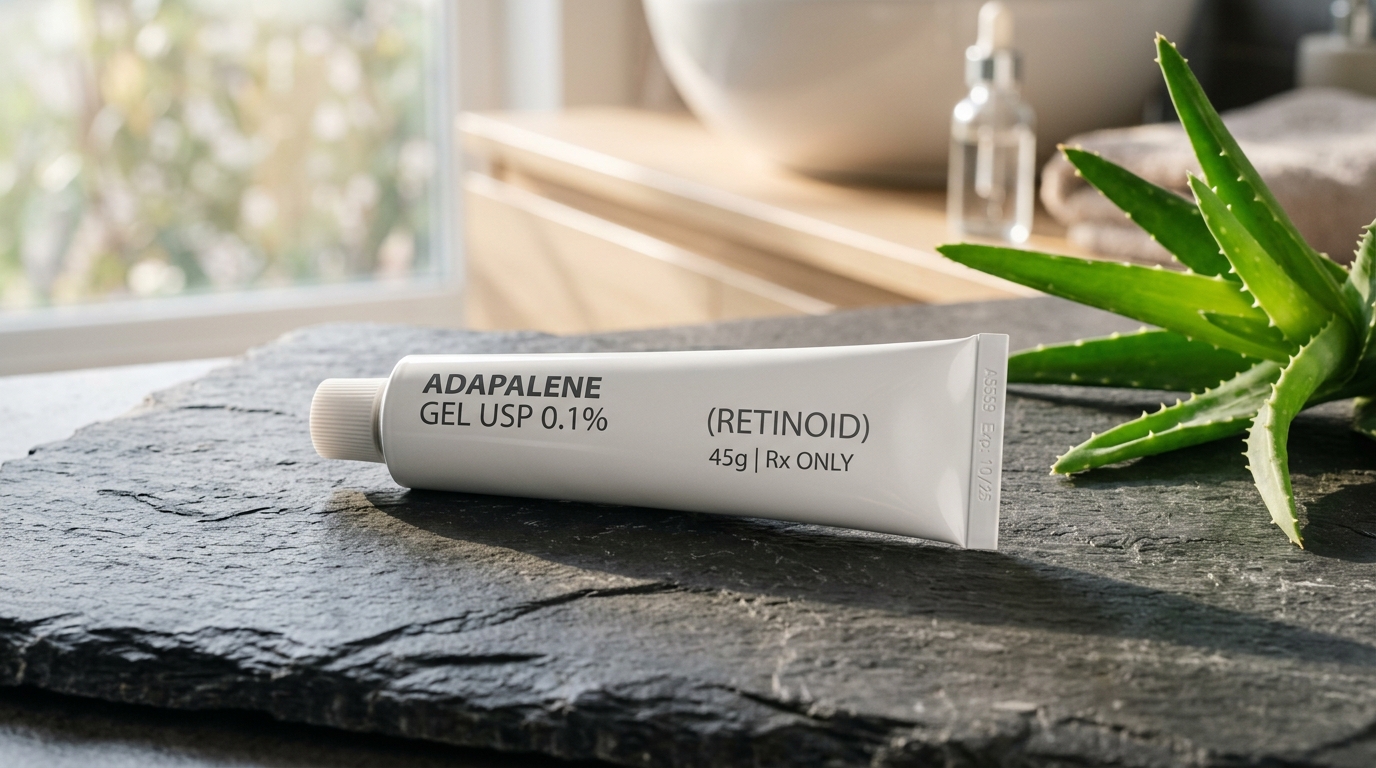 Adapalene 0.1% topical retinoid gel tube for acne treatment on Indian skin