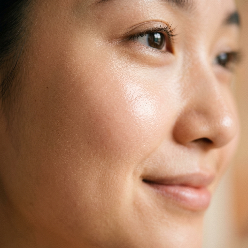 Close-up of red-tinted AHA BHA peeling solution on fingertips showing the iconic blood-red color