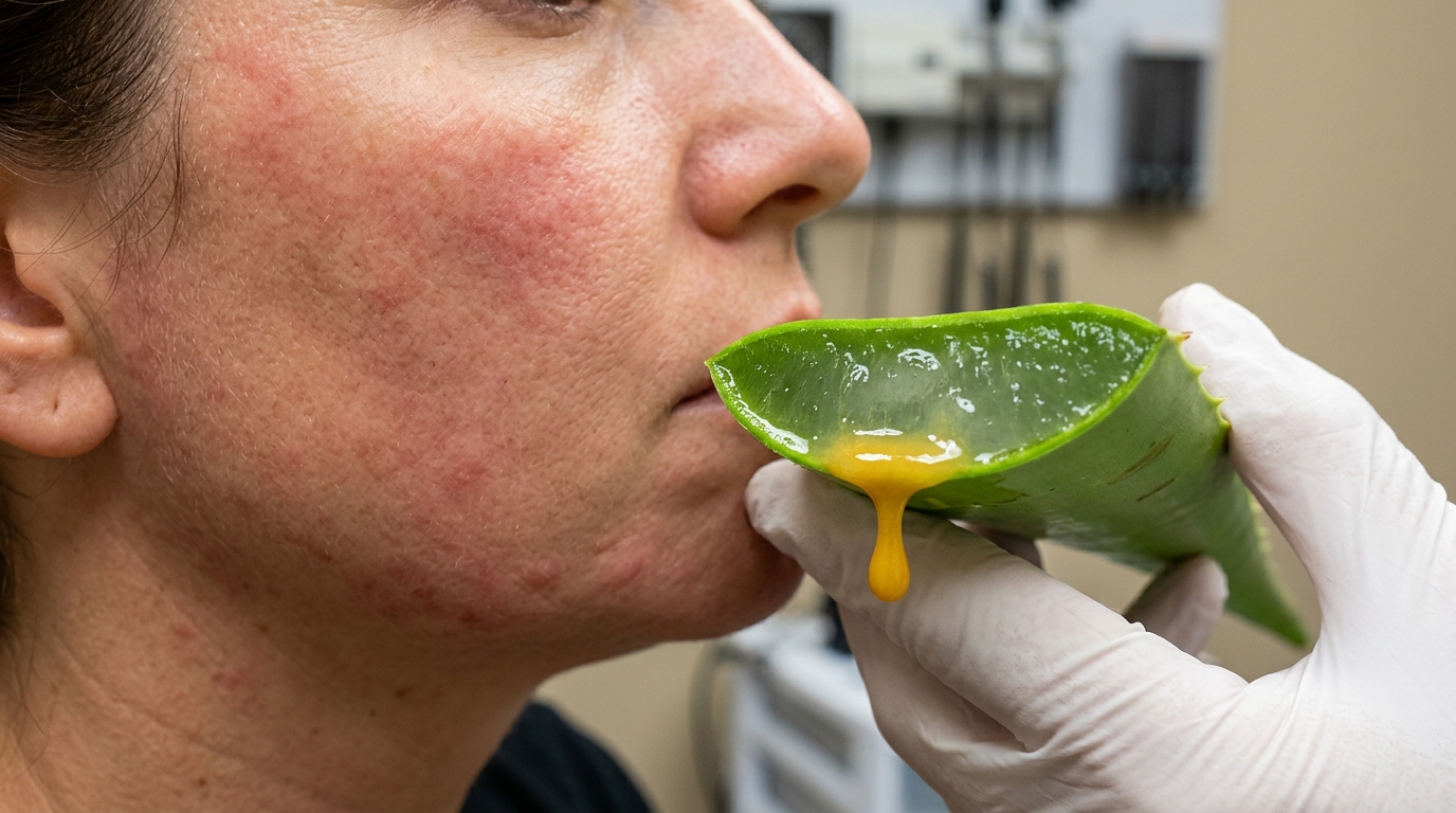 Fresh aloe vera plant leaf being cut showing yellow Aloin latex sap