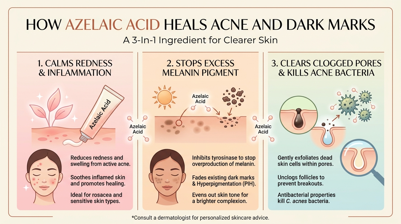 Educational infographic showing how azelaic acid calms redness, stops excess melanin pigment, and clears clogged pores