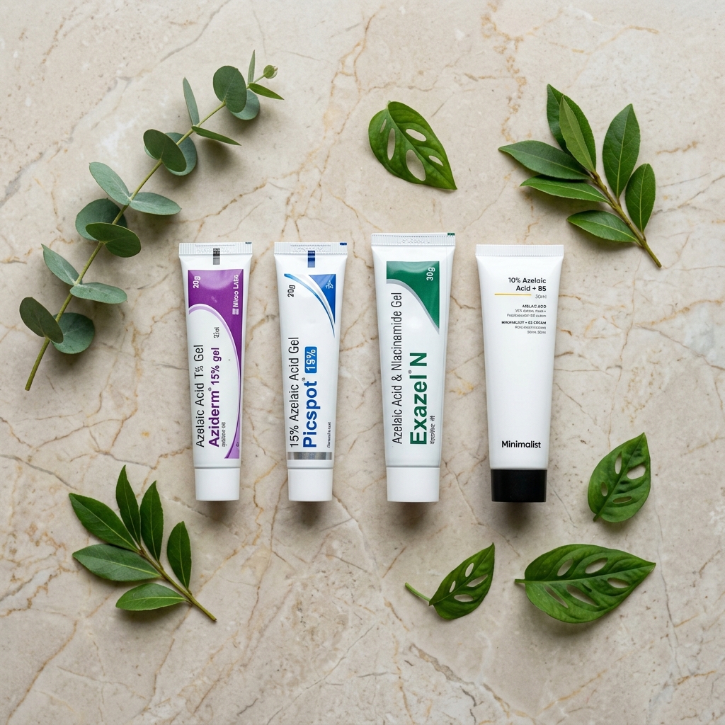 Flat-lay photograph of Azelaic Acid creams and gels on a marble bathroom vanity