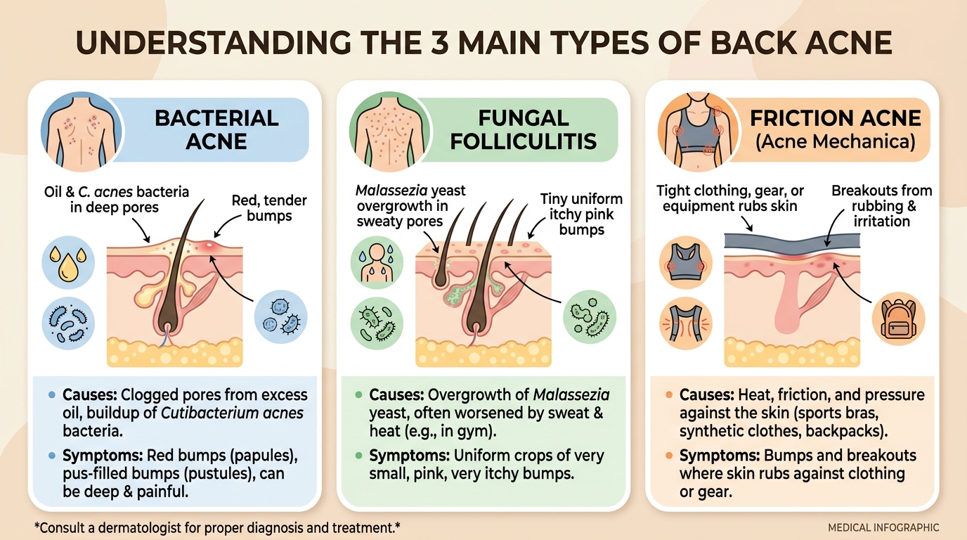 Visual diagram showing the three distinct causes of back acne: bacterial acne, fungal folliculitis, and friction acne mechanica