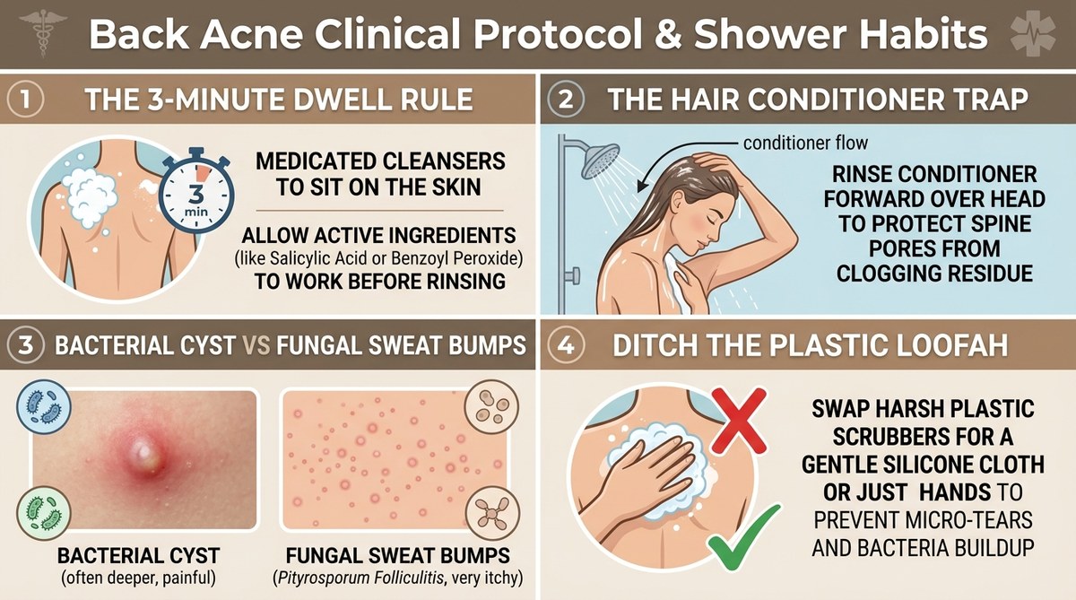 Back Acne Clinical Protocol and Shower Habits Infographic