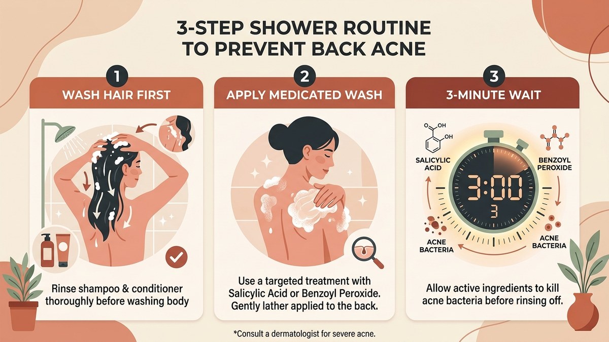 3-step shower routine to prevent back acne infographic