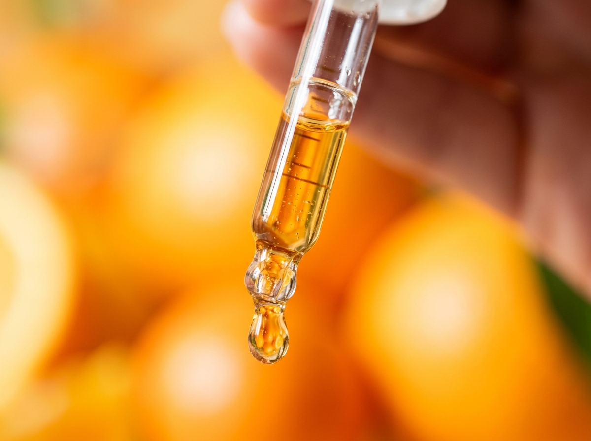 Close-up macro photograph of Bakuchiol serum drop