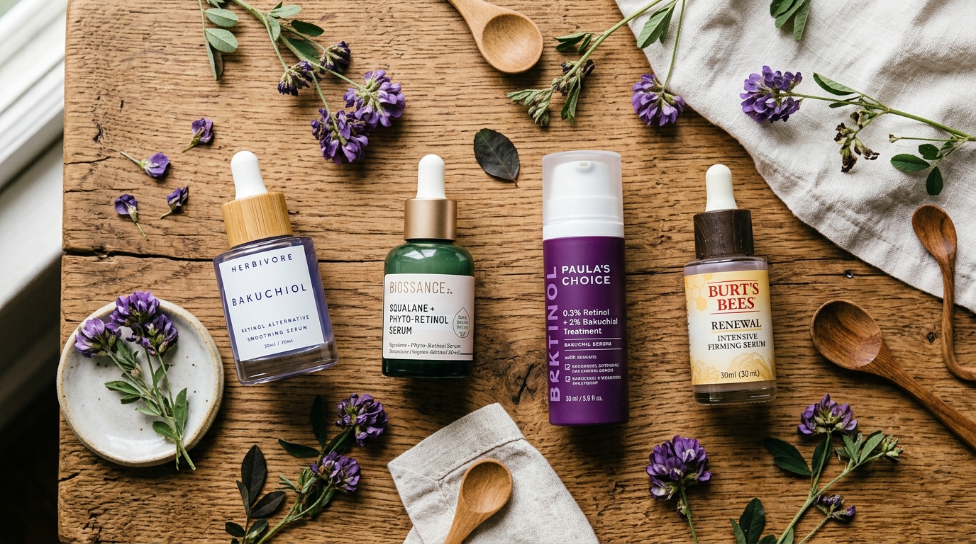 Editorial flat-lay of Bakuchiol serums on a natural wood surface