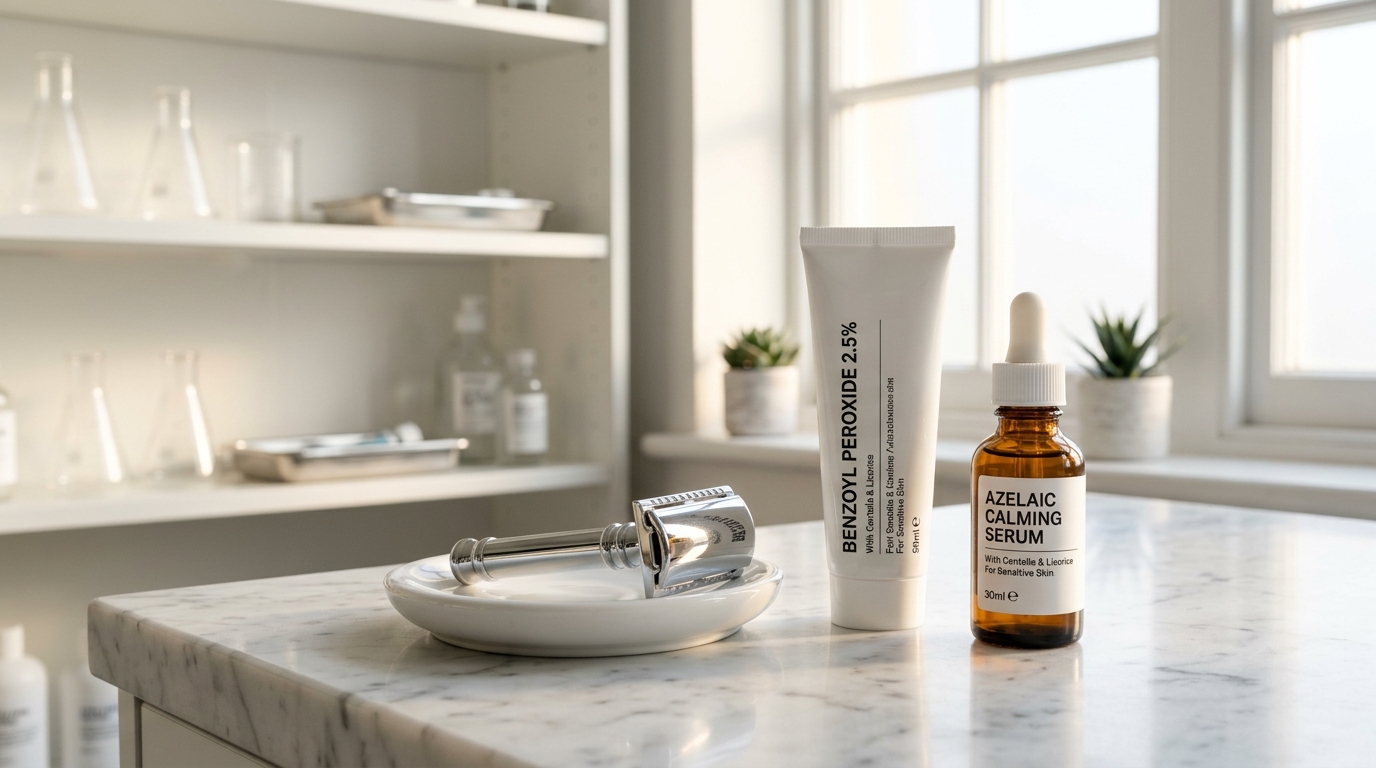 Clinical men's grooming countertop with traditional single-blade safety razor, benzoyl peroxide tube, and azelaic serum on white marble