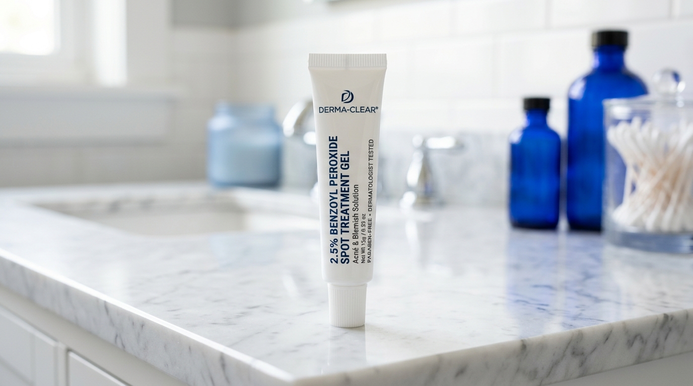 Flat-lay of top US benzoyl peroxide cleansers like PanOxyl and CeraVe on a white bathroom counter