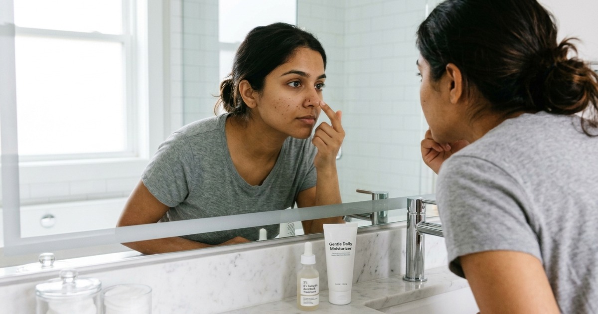 Young Indian woman examining nose pores and blackheads in mirror