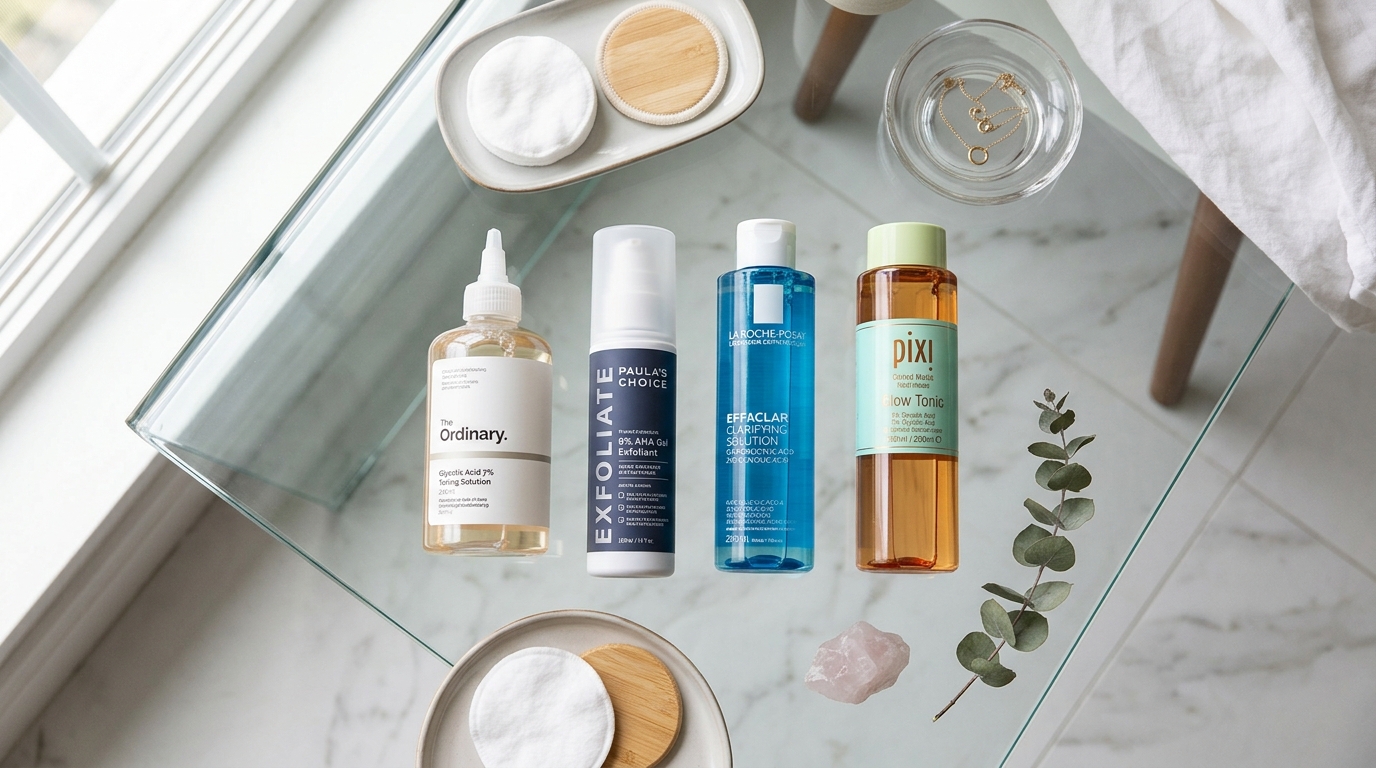 Top glycolic acid toners flatlay on a glass vanity