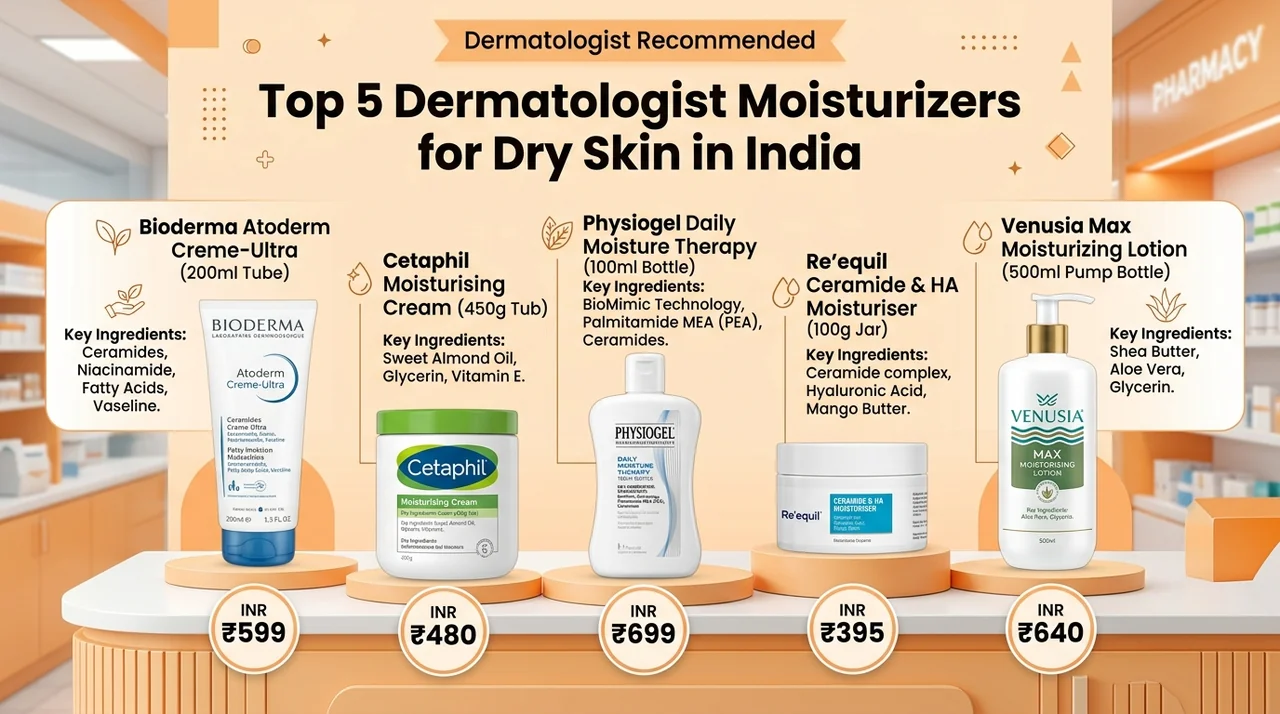 Indian pharmacy moisturizers comparison showing price points and tube sizes