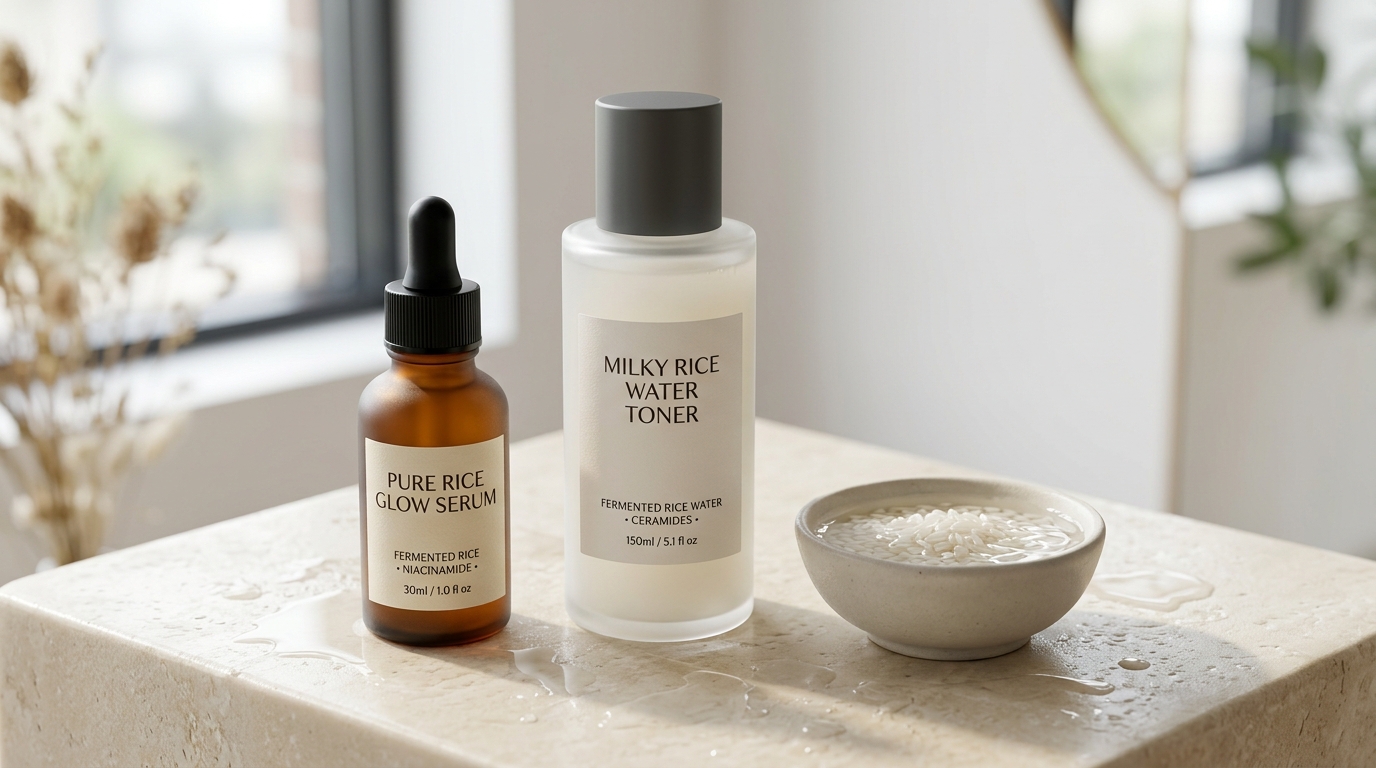 Clinical luxury studio display of fermented rice glow serum and milky toner bottles on stone pedestal