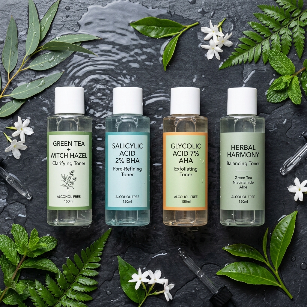 4 alcohol-free clarifying facial toners on wet slate