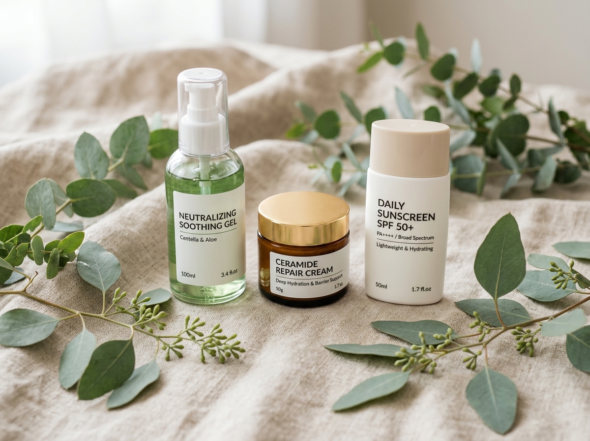 Neutralizing soothing gel, ceramide cream, and sunscreen bottle arranged on linen background with eucalyptus leaves