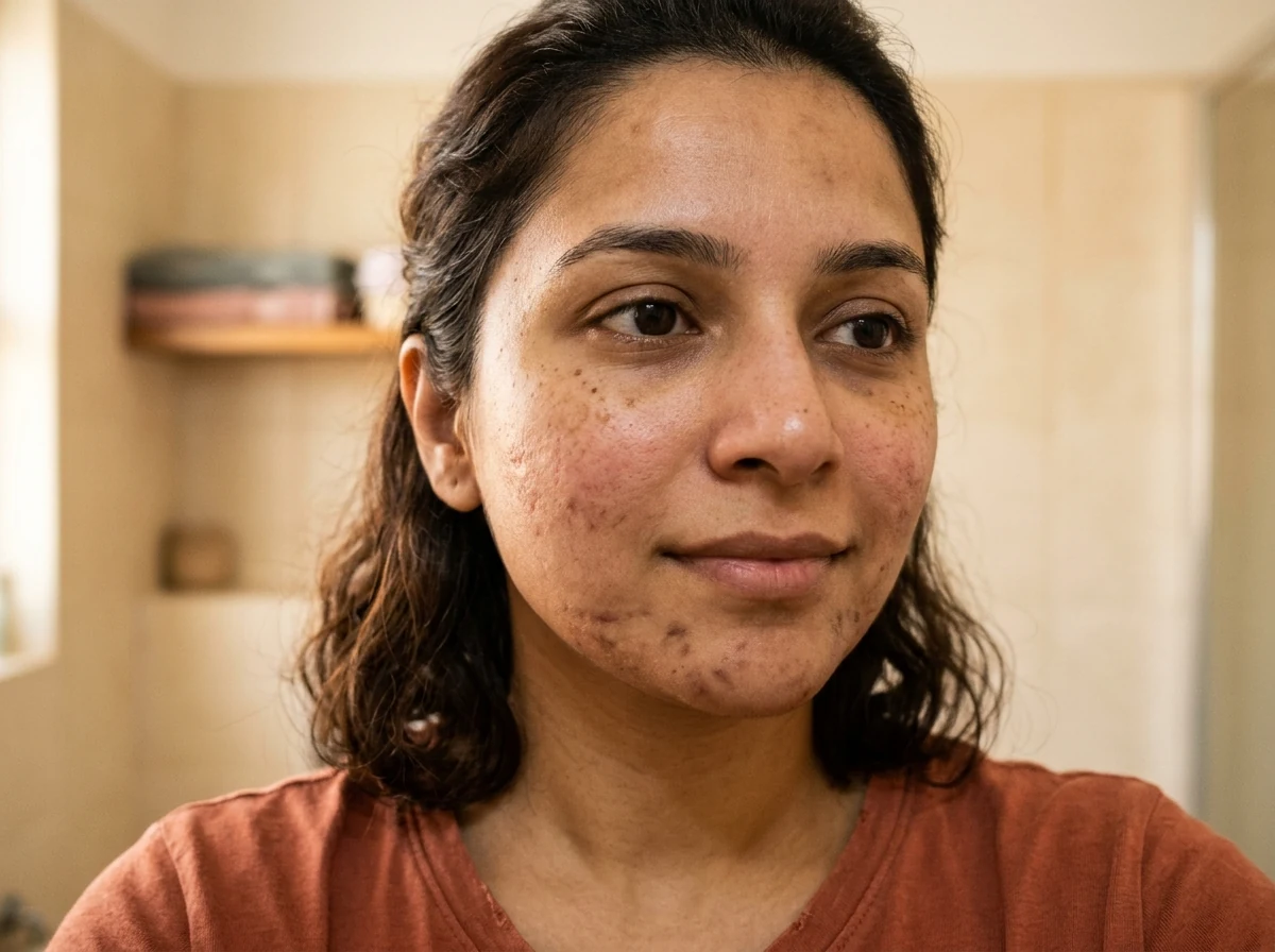 Indian woman with visible dark spots and post-acne marks on face &mdash; a common blemish concern in Indian skin