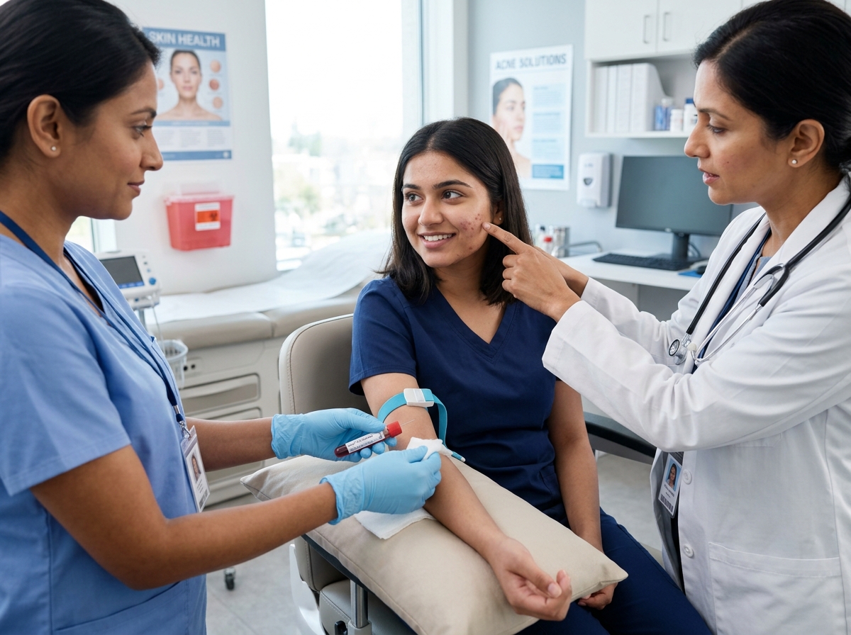 Dermatologist examining facial acne while phlebotomist draws blood sample to diagnose root causes
