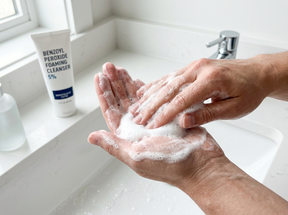 Close-up of white foaming benzoyl peroxide cleanser lather on hands