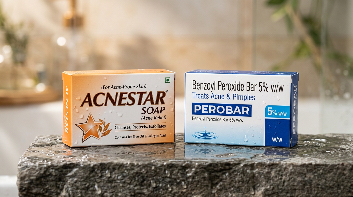 Flat-lay photograph of Benzoyl Peroxide soaps and washes