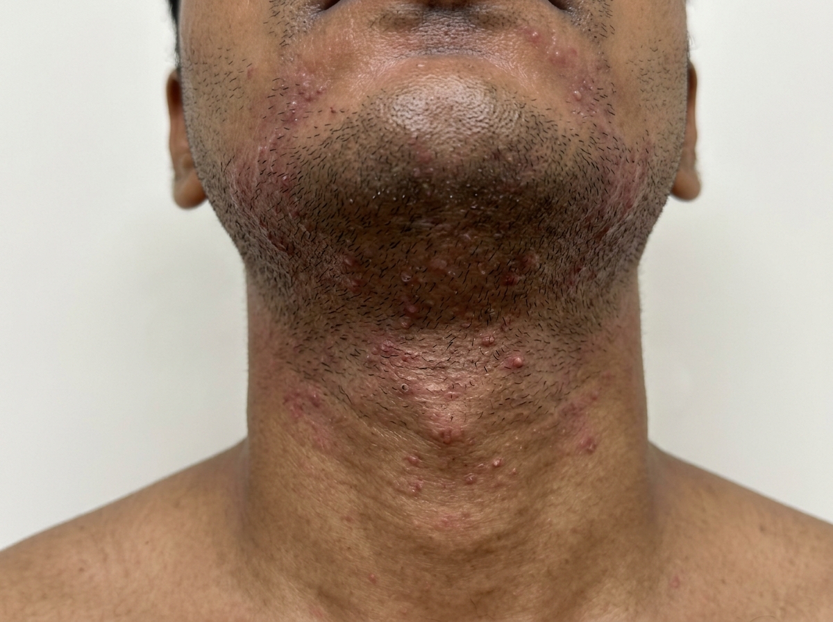 Friction acne from helmet straps on Indian chin