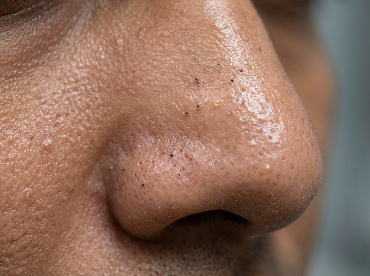 Closed comedones whiteheads on textured forehead on Indian skin