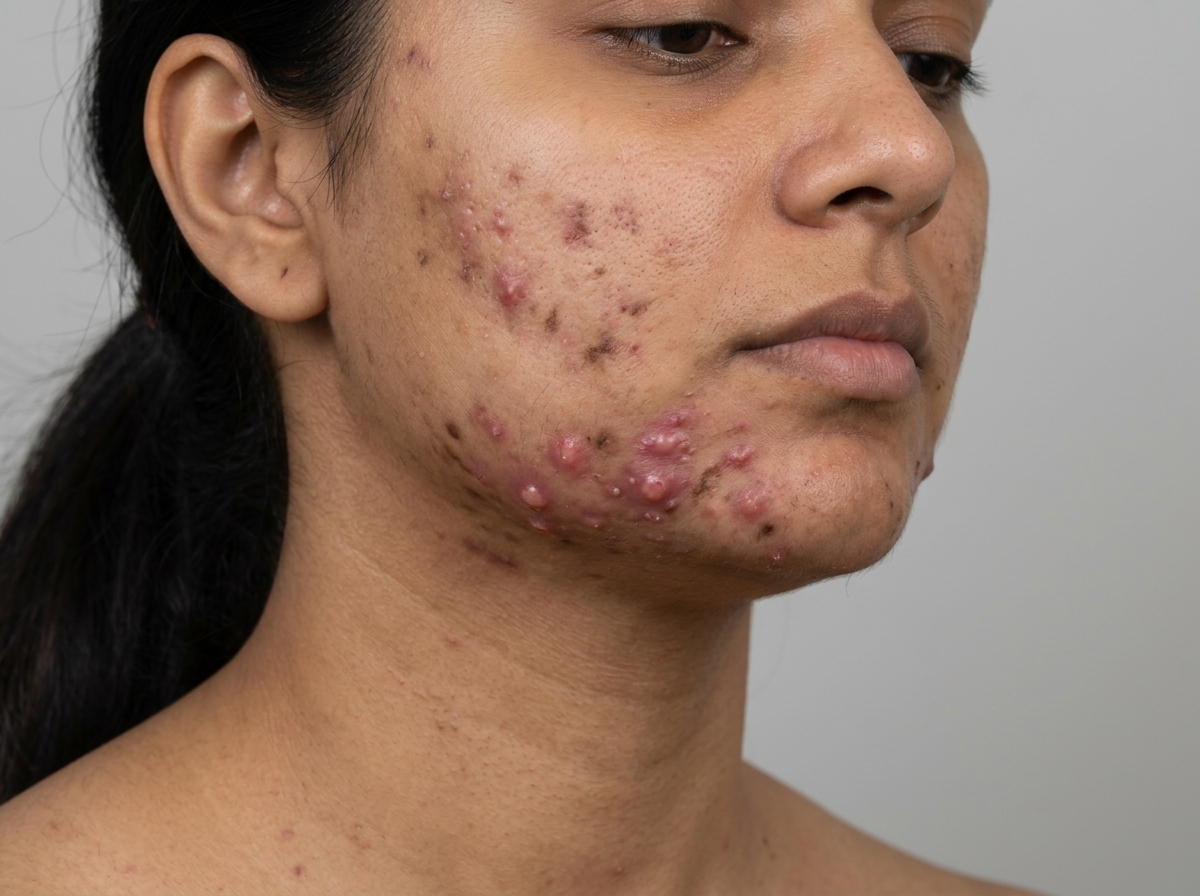 PCOS clustered cystic jawline nodules and PIH on Indian skin