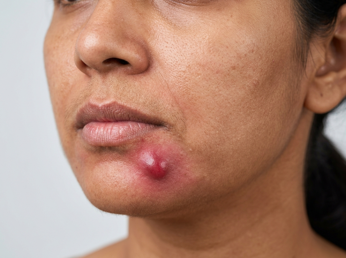 Premenstrual hormonal cystic acne bump on Indian chin