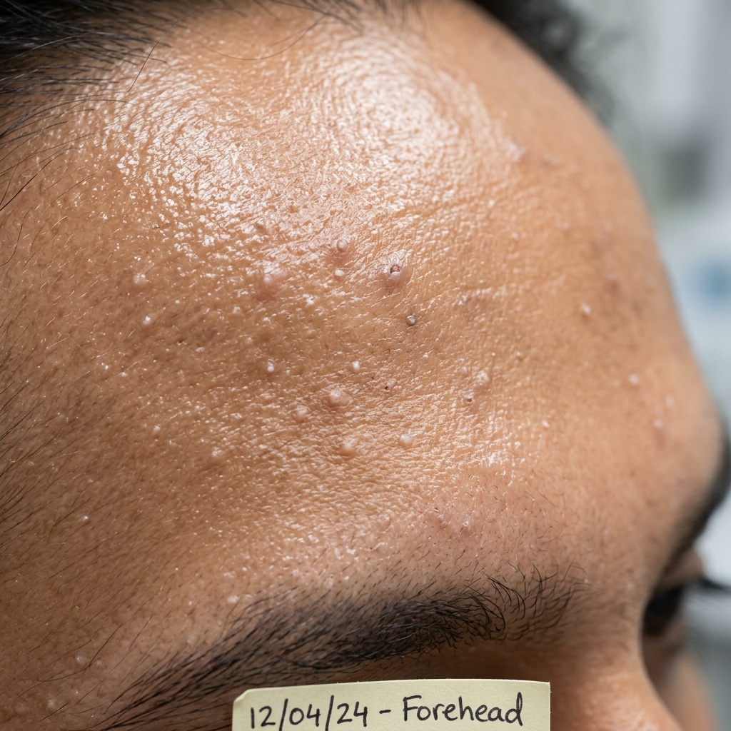Closed comedones and tiny white bumps on oily Indian forehead skin from heavy serum base