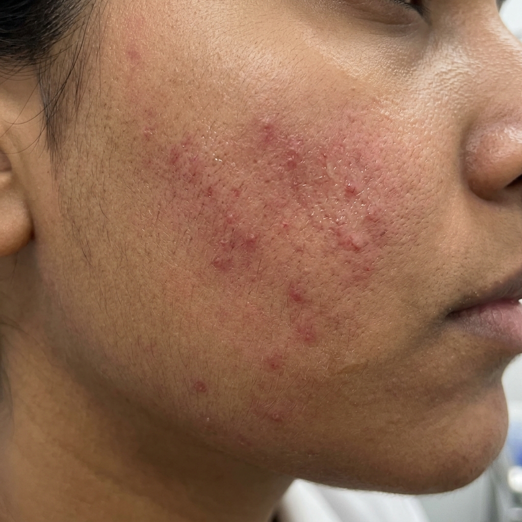 Red irritation bumps and stinging reaction from low pH Vitamin C serum on Indian cheek skin