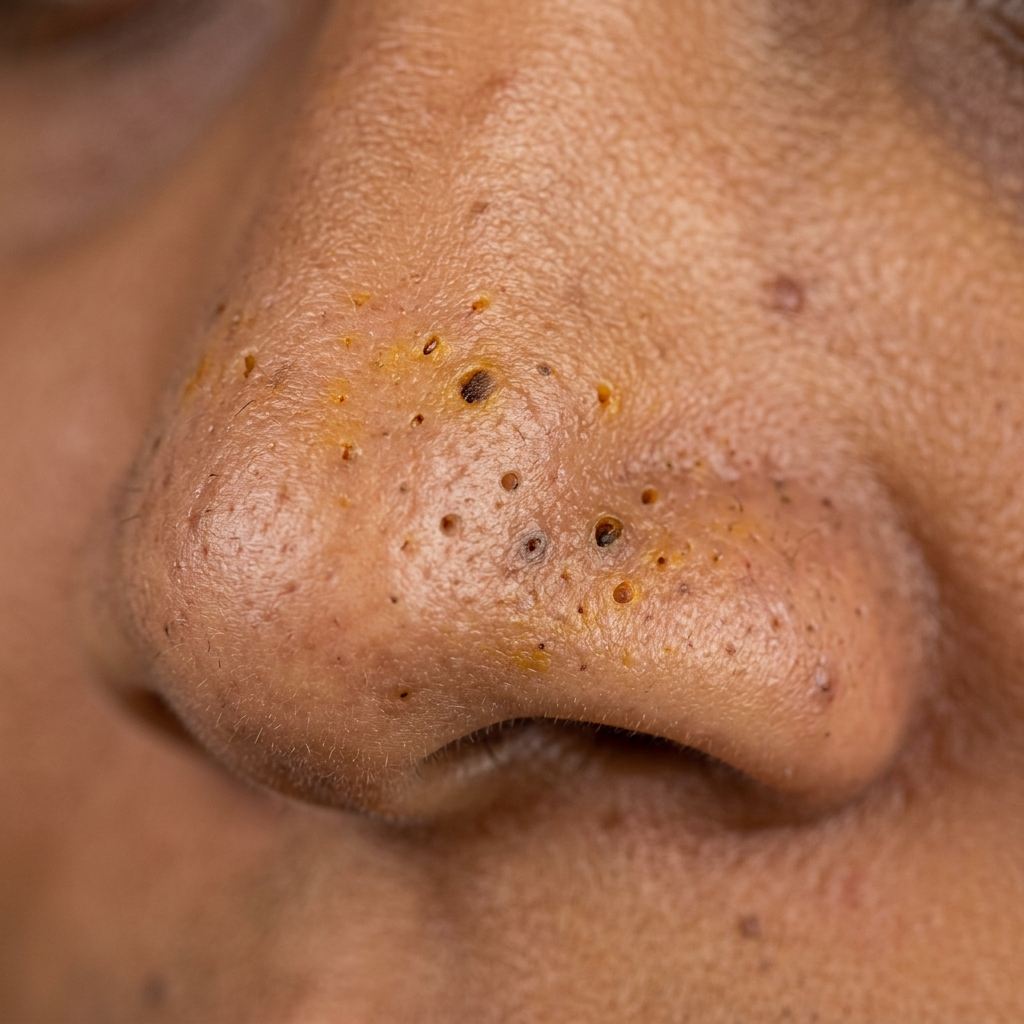 Oxidized Vitamin C stained dark pore plugs, blackheads, and orange tint on nose pores of Indian patient
