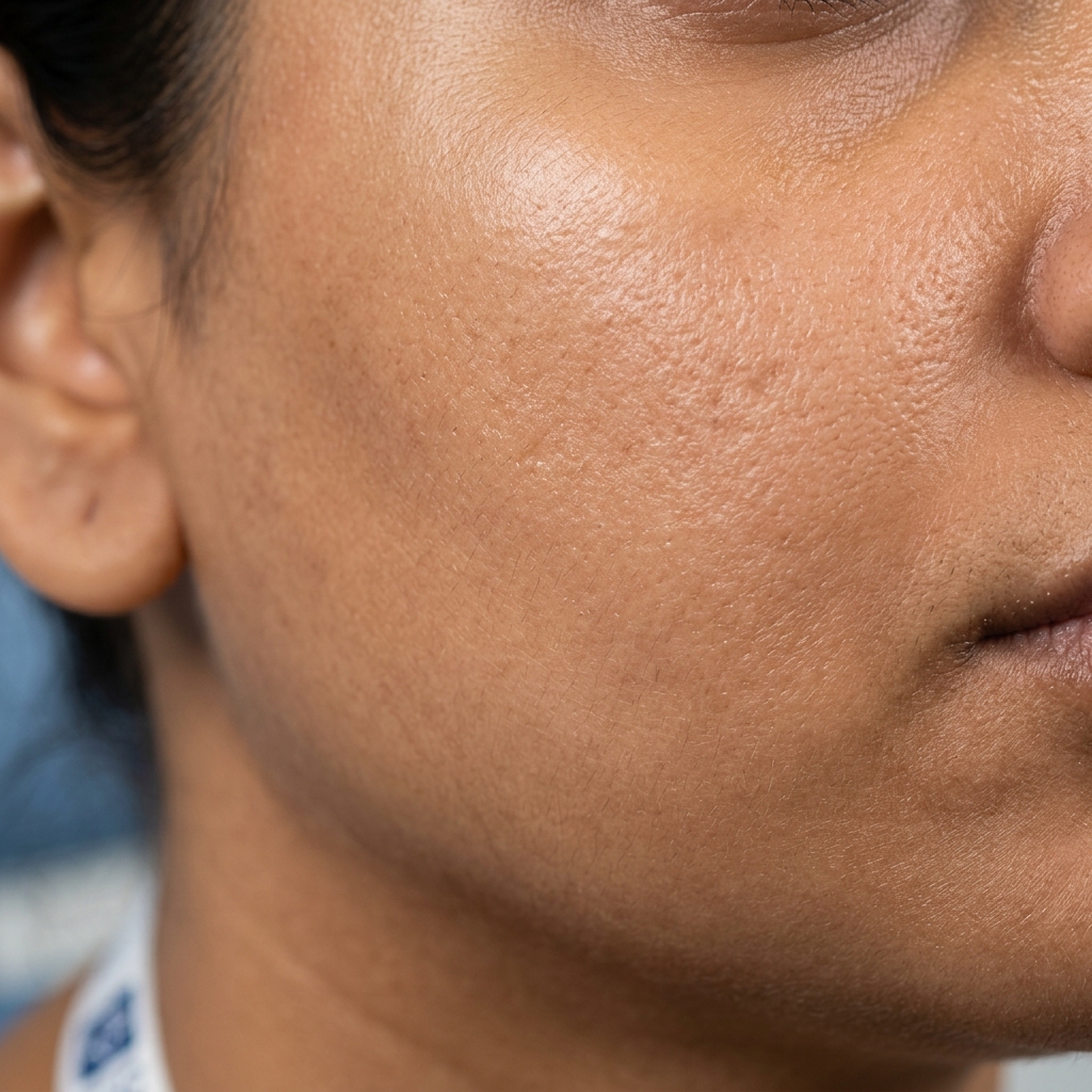 Clear, calmed Indian skin texture after using anti-microbial Sodium Ascorbyl Phosphate Vitamin C derivative