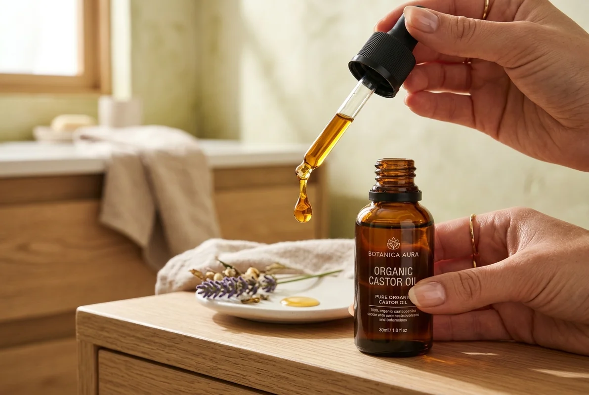 Amber dropper bottle dispensing pure golden castor oil