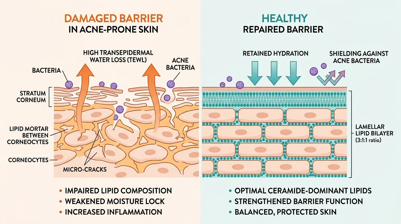 Skin barrier brick and mortar model comparing damaged acne barrier vs healthy repaired barrier