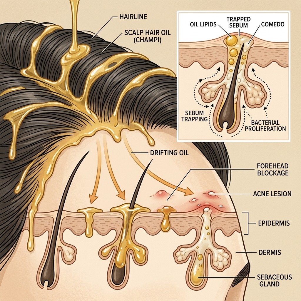 Clinical diagram showing scalp hair oil champi drifting onto forehead and clogging pore follicles