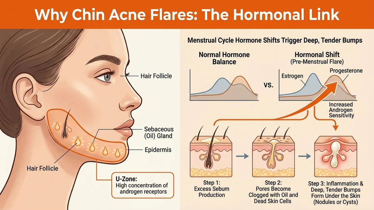 Medical infographic showing U-Zone androgen receptor sensitivity and how cycle shifts trigger deep chin bumps