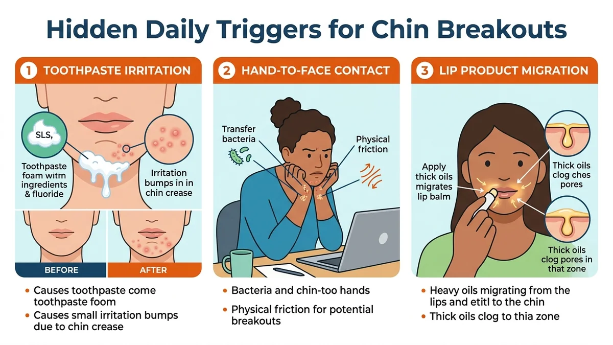 Infographic illustrating toothpaste foam dripping into chin crease and hand-to-face friction causing bumps
