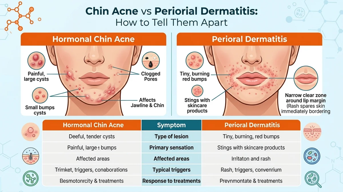 Comparison chart showing hormonal chin acne cysts versus perioral dermatitis burning bumps around mouth