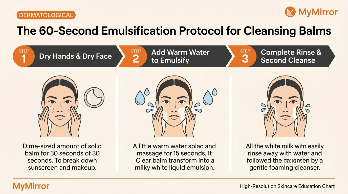 Step-by-step diagram of the 60-second emulsification protocol showing dry hands, warm water massage, and complete rinse